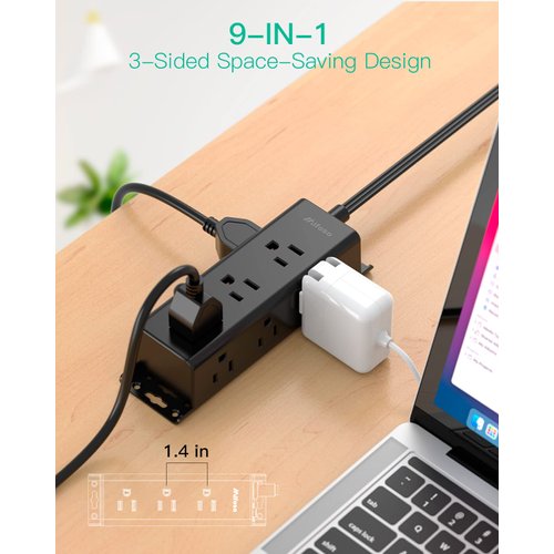 Power Strip Surge Protector 10Ft - Wall Mount, Flat Plug, Long Extension Cord with Multiple Outlets, 9 Wide Spaced Outlets and 3 Side Design, Overload Protection for Home Office Dorm Black