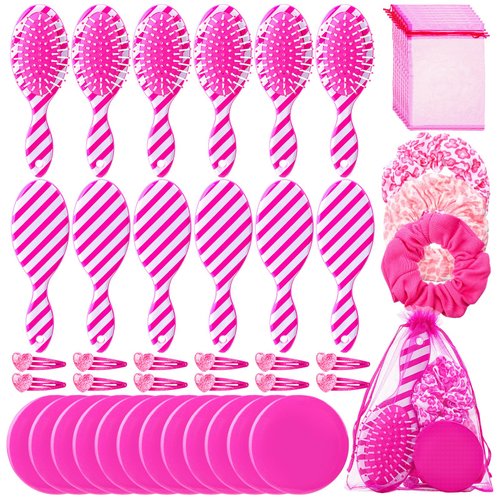 60 Pcs Pink Girls Makeup Party Favors for 12 Person Pink Princess Party Supplies Include Pink Hair Brushes Elastic Pink Scrunchies Pocket Mirrors Hair Clips Gift Bags Hair Accessories for Women