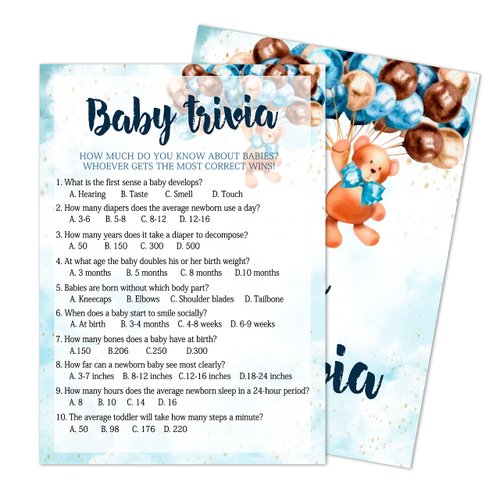 Baby Trivia Baby Shower Game, Gender Reveal Party Supplies, Teddy Bear Flying with Balloons Party...