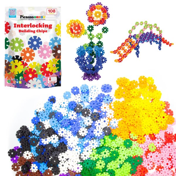 PicassoTiles Building Chips Interlocking Disc Construction Blocks in 12 Colors STEM Learning Early Education Toy Engineering Playset Child Brain Development for Toddlers Girls Boys Kids Age 3+ PTF108