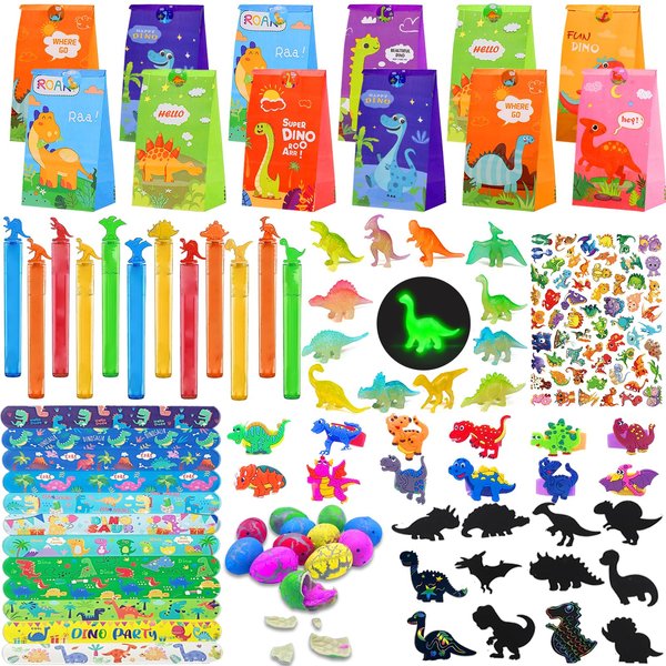 144Pcs Dinosaur Party Favors for 12 Kid, Dino Birthday Party Favors Include Dinosaur Bubble Wands Hatching Eggs Bags Art Kit Silicone Rings Bracelets Stickers for Dinosaur Birthday Party Supplies