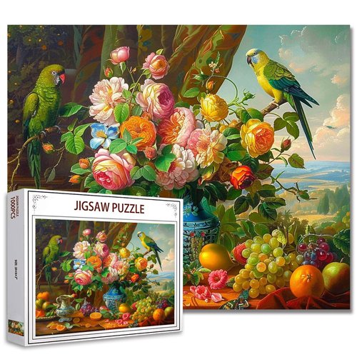 Puzzle 1000 Pieces Vintage Still Life with Flowers Bird Puzzle for Adults,Parrot Puzzle Art Puzzle,The Renaissance Style Puzzle Color Challenge Peony Flower Puzzle for Adults