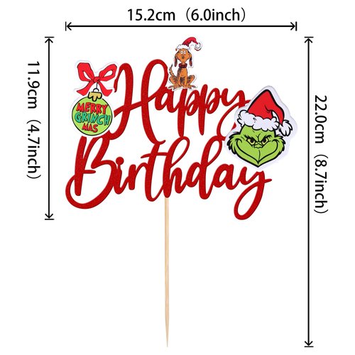 1 PCS Grinch Happy Birthday Cake Topper Assembled Red Glitter Christmas Dog Merry Grinchmas Cake Pick Decorations for Christmas Theme Baby Shower Kids Birthday Party Cake Decorations Supplies