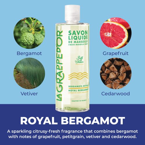 La Grappe d'Or Royal Bergamot Marseille Soap Body Wash Enriched with Moisturizing Shea & Essential Oils | Made in France from Organic Olive & Coconut Oil | Natural, Cruelty-Free & Vegan, 13.5oz Liquid