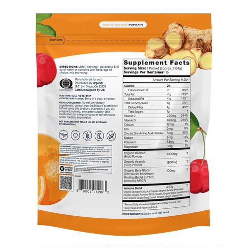 Organifi Immunity - Organic Superfood Immunity Support - 15 Single Serve Packets - Immunity Powder for T Cell Production and Upper Respiratory Health - Mushroom Beta Glucans, Vitamin C, D and Zinc