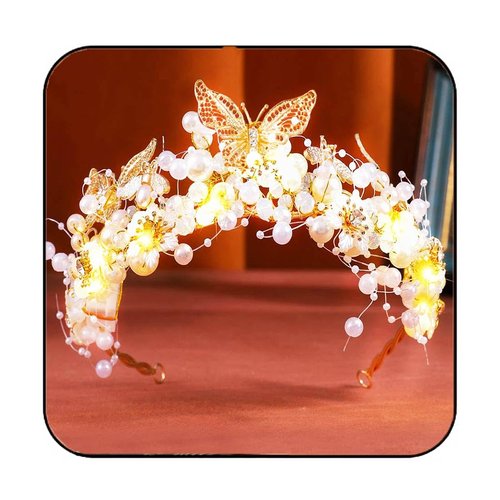 GORTIN Butterfly Crown Gold Light up Flower Princess Crown and Tiara Headband Pearl Bride Wedding Headpiece Bridal Tiara Hair Accessories for Women