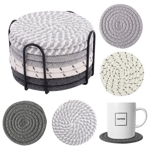 8 Pcs Boho Drink Coasters with Holder, 4 Styles Handmade Braided Absorbent Coasters, Heat-resistant Woven Coasters for Kinds of Cups Housewarming Gifts Table Home Decor (4.3in)
