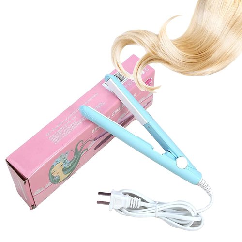 Mini Hair Straightener, 2 in 1 Portable Ceramic Tourmaline Flat Iron Heating Curler for Curling Straighten Bang, Wavy Hair, Short Hair Hair Tools (Sky Blue)