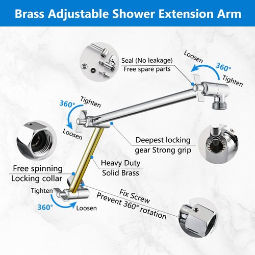 PDPBath Brass 16 Inch Shower Head Extension Arm, Upgrade Flexible Height & Angle Adjustable Shower Arm Extender with Lock Joints, for Fixed Shower Head & Handheld Shower Head, Chrome