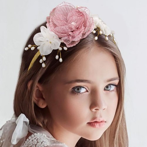 Woeoe Flower Princess Girl Headband Pink Pearl Hair Band Floral Birthday Wedding Communion Hair Accessories