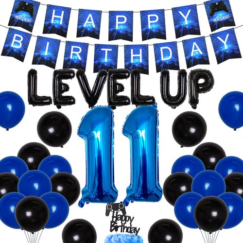 JOYMEMO Video Game 11th Birthday Decorations for Boys - Level up Party Supplies Happy Birthday Gaming Banner Cake Topper Game Controller Balloons for Video Game Theme Party