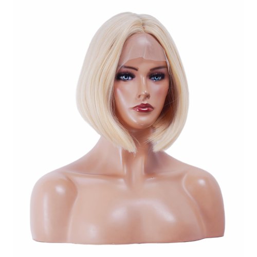 NJJYXH 14 Inches Blonde Mixed Lace Front Wigs for Women Short Straight Bob Wig with Middle Part Synthetic Hair for Cosplay or Daily Use