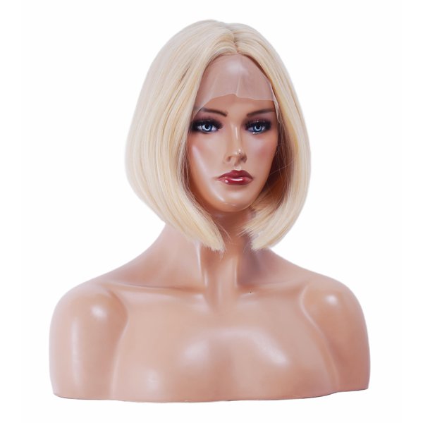 NJJYXH 14 Inches Blonde Mixed Lace Front Wigs for Women Short Straight Bob Wig with Middle Part Synthetic Hair for Cosplay or Daily Use