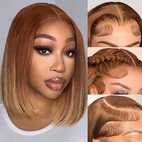 Royal Lady Highlight 4x4 HD Lace Front Wigs Ombre 4/27 Human Hair Bob Wigs Colored Lace Closure Wigs for Women Glueless Pre Plucked with Baby Hair 180% Density Straight Short Bob Wigs 12 Inch