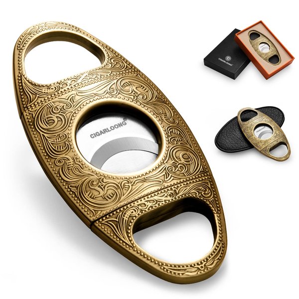 CIGARLOONG Cigar Cutter Stainless Steel Bronze Engraved Double Cut Blade (Color:Gold1)