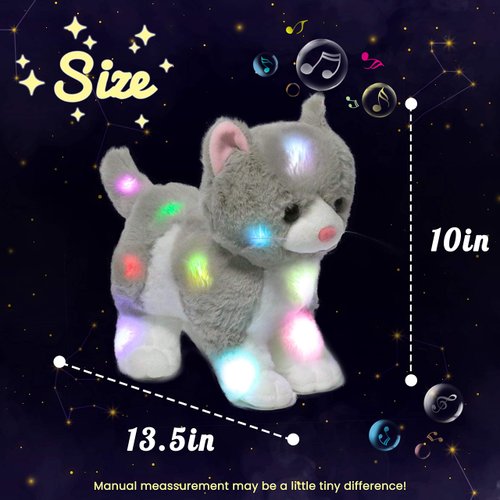 Hopearl LED Musical Stuffed Kitty Light up Singing Plush Cat Adjustable Volume Lullaby Animated Soothe Birthday Gifts for Kids Toddler Girls, Grey, 13.5''