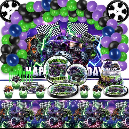 Heidaman 150Pcs Monster Truck Birthday Decorations，Monster Truck Party decorations，Monster Truck Birthday Party Supplies，Include Balloon arch,Backdrop, Cake Toppers，Tableware, Tablecloth
