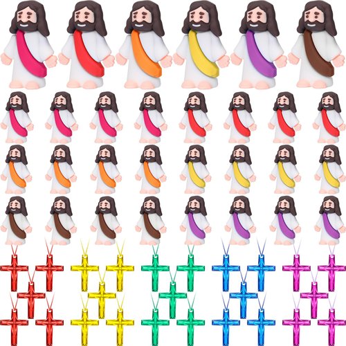 Barydat 50 Pcs Religious Toys 25 Mini Jesus Figurines Colored Tiny Pocket Jesus Dolls 25 Plastic Crystal Cross Necklace for Religious Party Supplies Christian Gifts Baby Shower Favors