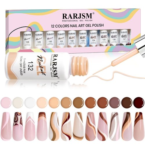 RARJSM Gel Paint for Nail Art Nude Liner Gel Nail Polish Set 12 Colors 5ml Pink Brown Line Art Ge...