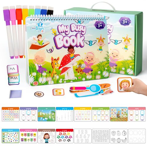 Being Smart Kids Busy Book for Toddlers & Preschoolers- Montessori Busy Book with Durable Carrying Case, 12 Pages of Topics, Cards & Stickers, and 6 Erasable Markers- Toddler Learning Activities