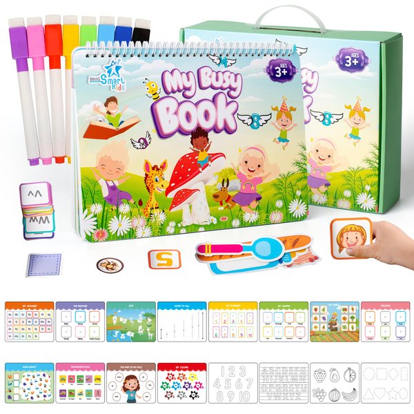 Being Smart Kids Busy Book for Toddlers & Preschoolers- Montessori Busy Book with Durable Carrying Case, 12 Pages of Topics, Cards & Stickers, and 6 Erasable Markers- Toddler Learning Activities
