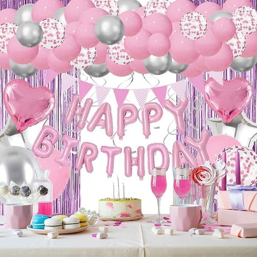 Pink Birthday Decorations for Women Girls, Happy Birthday Party Decorations, Pink Silver Balloons, Happy Birthday Banner, Pink Fringe Curtain, Pink Confetti Balloons for Birthday Party Supplies