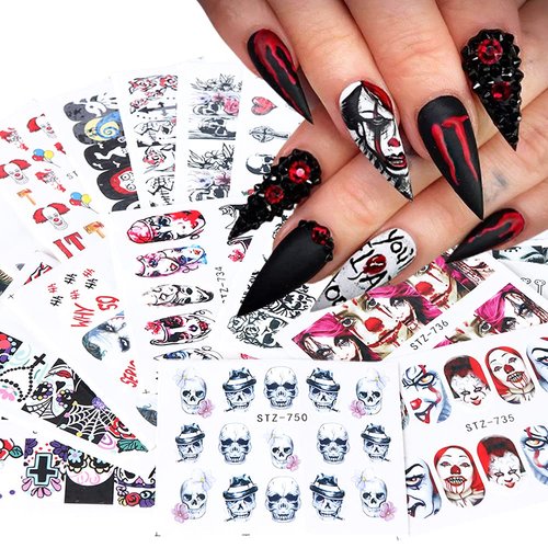 XIELIME 24 Sheets Halloween Nail Stickers Day of The Dead Water Transfer Nail Decals Skull Ghost Eye Hulk Clown Witch DIY Nail Art Stickers Halloween Party Supply Fingernails Toenails Decoration