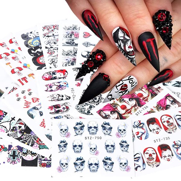 XIELIME 24 Sheets Halloween Nail Stickers Day of The Dead Water Transfer Nail Decals Skull Ghost Eye Hulk Clown Witch DIY Nail Art Stickers Halloween Party Supply Fingernails Toenails Decoration