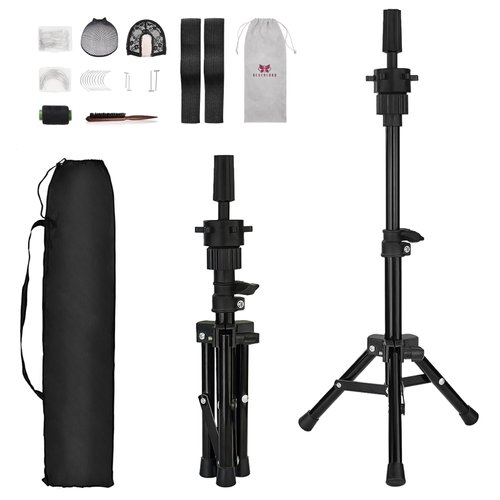AIMEI Wig Stand Tripod Mannequin Head Stand, Adjustable 360° Rotation Wig Tripod Stand with Practice Tools for Cosmetology Hairdressing Training (14.25-24.8 Inch)