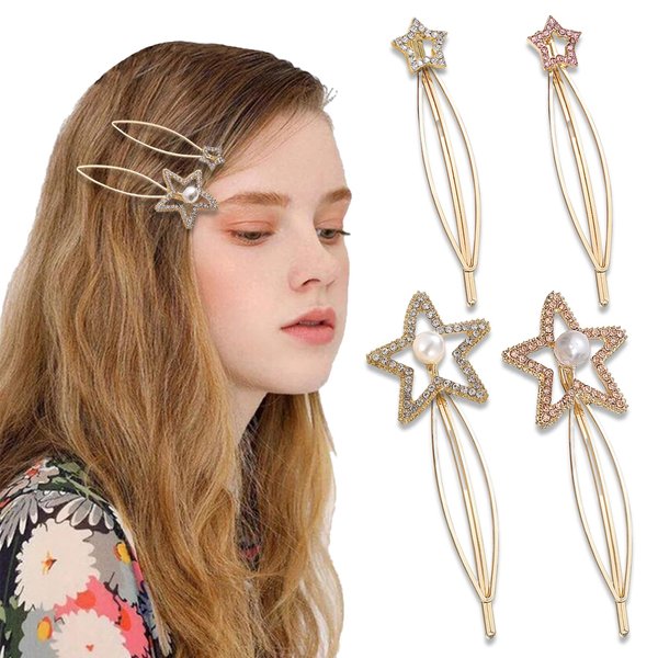 4 PCS Star Hair Clip Rhinestones Pearl Metal Golden Hair Pins for Women and Girls Wedding Birthday Party Hair Accessories