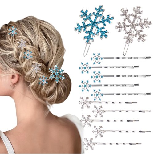 12 Pcs Snowflake Hair Clip for Women Christmas Hair Accessories Blue White Crystals Bobby Hair Pins Snowflake Rhinestone Bridal Wedding Winter Hairpins