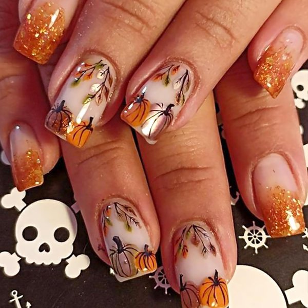 Fall Press on Nails Short Square Fake Nails Gold Glitter French Tip Full Cover Artificial Thanksgiving Nails Pumpkin Maple Leaf False Nails Autumn Design Glue on Nails for Acrylic Manicure Decorations