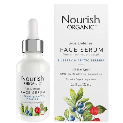 Nourish Organic Face Serum, Bilberry & Arctic Berries – Age Defense Formula with Vitamin C and Vitamin A, 0.7 Oz + Washable Cotton Round