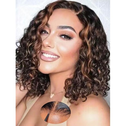 YIROO Bye Bye Knots Glueless Wigs Ombre Brown Short Curly Bob Wig Human Hair Pre Bleached Pre Cut 7x5 Lace Closure Wig Beyond Basics Bob Wigs for Woman Put On And Go Easy to Wear Side Part 10Inch
