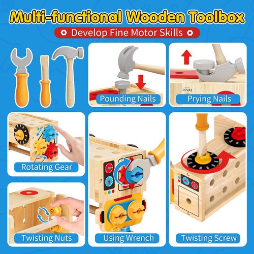 Montessori Kids Tool Set, Wooden Toddler Tool Bench Educational Toys for Ages 2-4, 2 Year Old Boy Gift for Birthday Christmas, STEM Pretend Play Tool Box, Learning Developmental Construction Toys