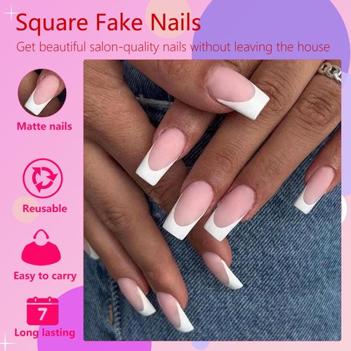 AddFavor French Tips Press on Nails Medium Square Fake Nails, 120pcs White French Nails Press on Long Square Matte Nude Acrylic Nails Artificial False Glue Nails with Adhesive Tabs for Women