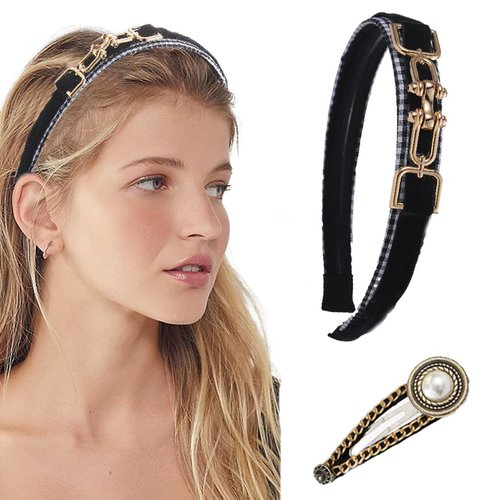 Sinalty Black Thin Headbands Fashion Hairbands with Pearl Hair Clips Link Chain Handmade Head Band for Women (Trendy)