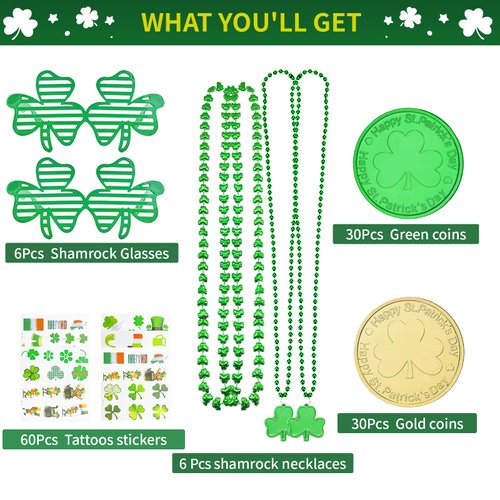 132Pcs St. Patricks Day Accessories Party Favors Shamrock Glasses Necklaces Green Gold Coins Tattoos for Irish St Patrick's Day Decorations Supplies