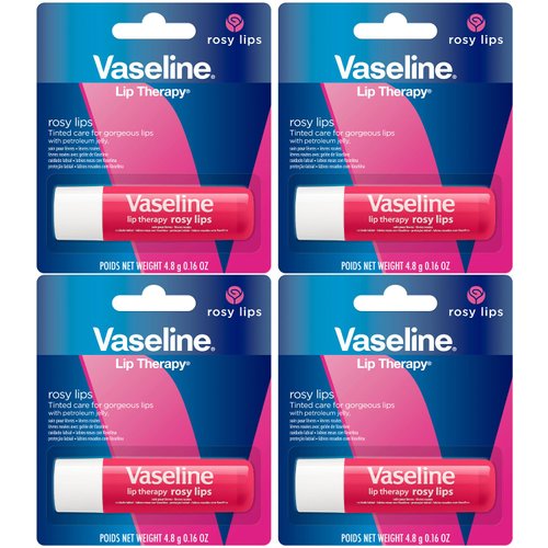 Vaseline Lip Therapy Rosy, Fast-Acting Nourishment, Ideal for Chapped, Dry, or Cracked Lips, Lip Balm Stick, 0.16 Oz (Pack of 4)
