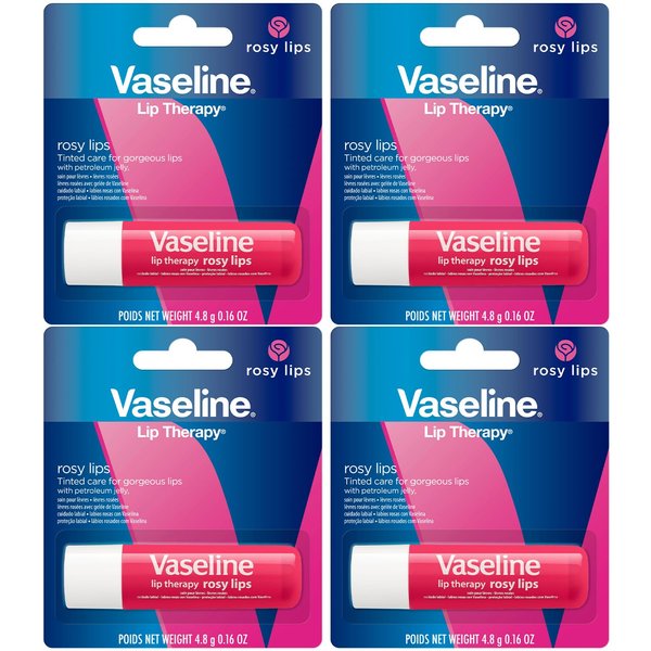 Vaseline Lip Therapy Rosy, Fast-Acting Nourishment, Ideal for Chapped, Dry, or Cracked Lips, Lip Balm Stick, 0.16 Oz (Pack of 4)