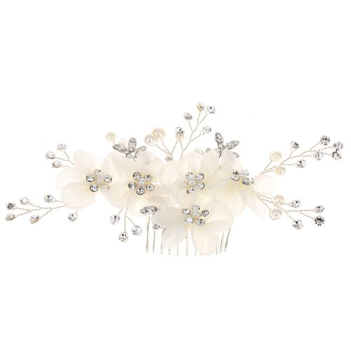 LLSME Bridal Hair Comb, Wedding Flower Crystal Hair Clip, Handmade White Pearl & Rhinestone Hair Accessories for Women Girls