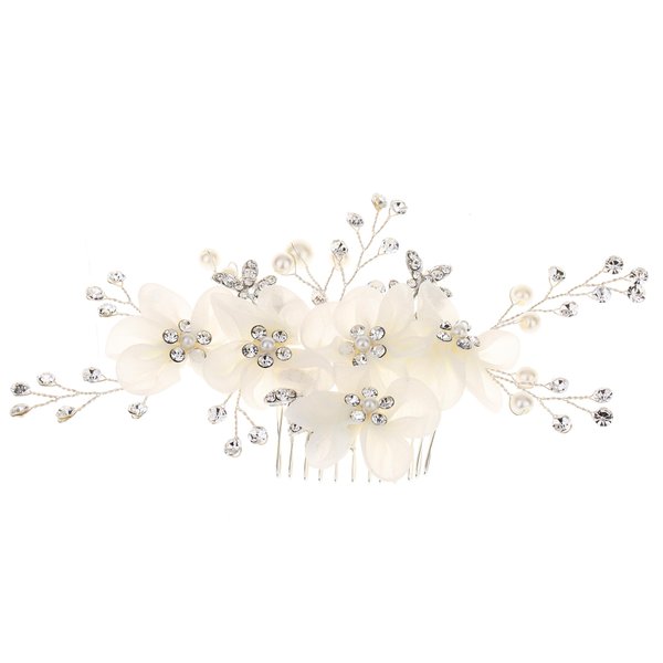 LLSME Bridal Hair Comb, Wedding Flower Crystal Hair Clip, Handmade White Pearl & Rhinestone Hair Accessories for Women Girls