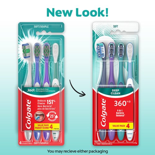 Colgate 360 Whole Mouth Toothbrush, Adult Soft Toothbrush With Tapered Bristles, Features Tongue Cleaner and Ergonomic Handle, Helps Whiten Teeth and Removes Bacteria, 4 Pack