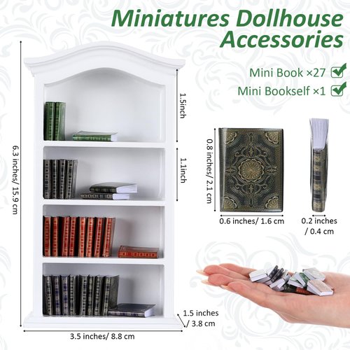 Poen 27 Pcs 1: 12 Scale Miniatures Dollhouse Books and a Wooden Bookcase Dollhouse Decoration Accessories 1: 12 Dollhouse Miniature Furniture 4 Floors Dollhouse Bookshelf for House Bedroom, White