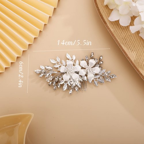 Chargances Bridal Flower Crystal Hair Comb Wedding Leaf Rhinestone Hair Side Comb Vintage Big Flower Handmade Hair Accessories for Bridesmaid Prom Flower Girls (Silver)