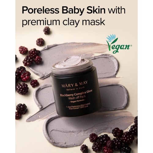 Mary&May Vegan Blackberry Complex Glow Wash Off Mask - Blackhead Care, Pore Clearing, Anti Aging Clay Mask - Bright and Glow Skin - Korean Skincare, 4.23oz.