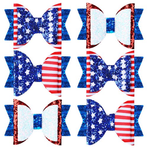 Whaline 4th of July Bow Hair Clips 6pcs Glitter American Flag Barrette Hair Bow Patriotic Stars and Stripes Hairgrips Baby Girls Women Hair Accessories for Independence Day Memorial Day