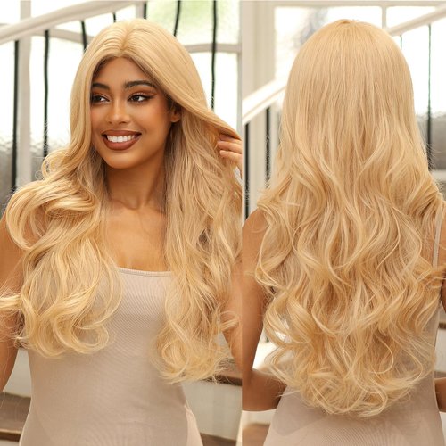 Allbell Long Wavy Blonde Wigs for Women 26 Inch Middle Part Body Wavy Wig Natural Looking Synthetic Heat Resistant Fiber Wig for Daily Party Use