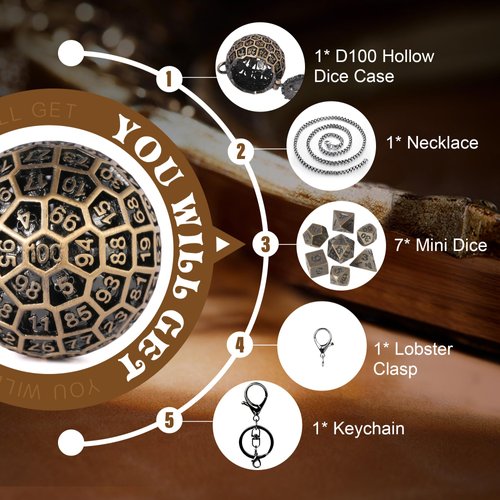 Kabinka Mini DND Dice Set, D100 Hollow Metal Dice Necklace, 7PCS Tiny D&D Dice with Keychain for Dungeons and Dragons, RPG, Portable Dice Case(Bronze)