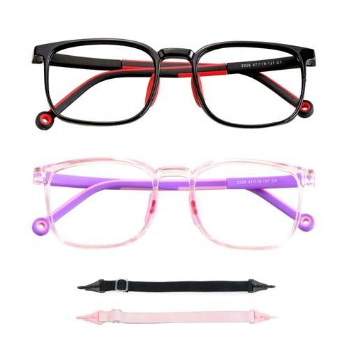 LAMBBAA 2 Pack Kids Blue Light Blocking Glasses, Computer Glasses with Rope, Anti Blurry and Eyestrain, Cut UV400 Anti Glare for Children Age 3-12 (Black Red, Clear Pink)